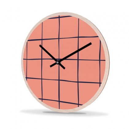 Wall Clock Wood Round Checked 